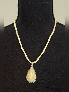 White Beaded Necklace w/ Teardrop Pendant | Cream Stone | Silver Tone